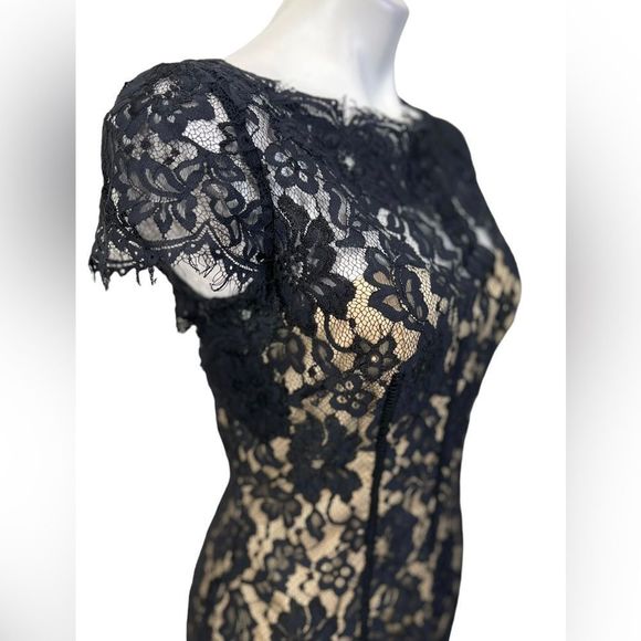 ML Monique Lhuillier cocktail dress size 6 black/nude lace cap sleeve - Picture 3 of 5
